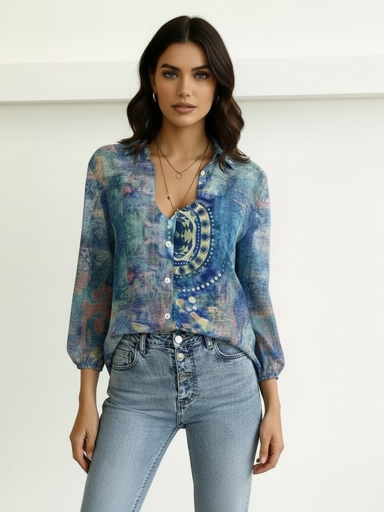 Tops - Vintage Boho Multicolor Button Down Blouse - Long Sleeve Floral Print NWOT Med